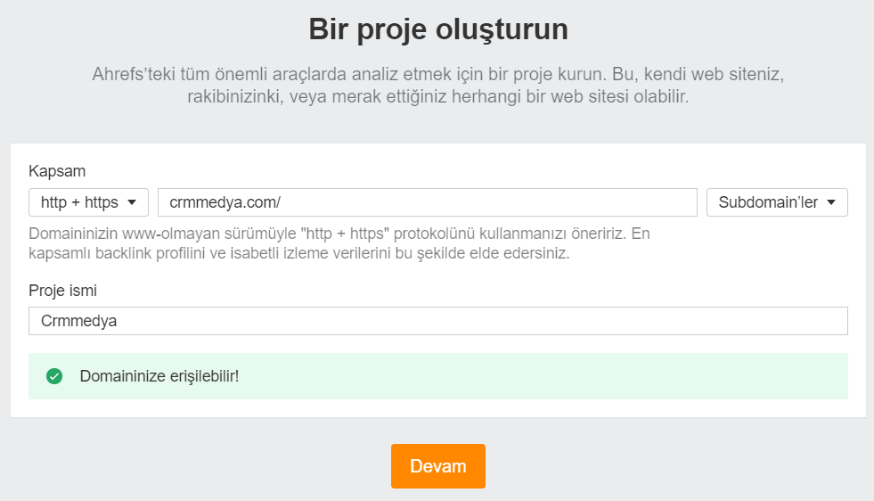 ahrefs proje ekleme 3 adim