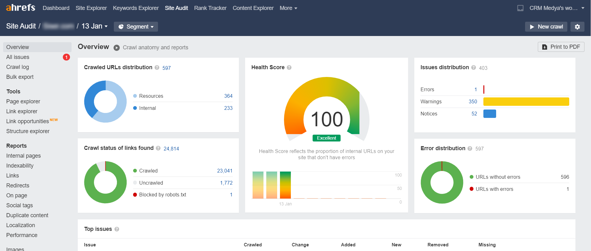 ahrefs site audit sayfasi